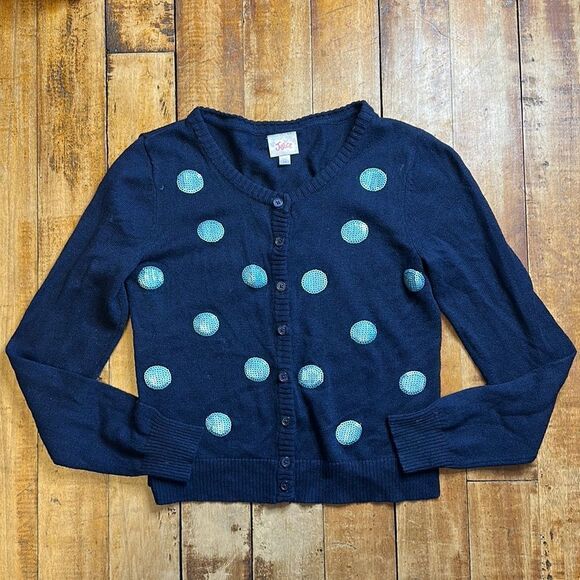 Justice sweater size 14 Blue Sequins Polka Dots Knit Cardigan Sweater spring - Picture 1 of 5
